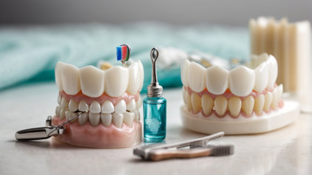 Teeth model with toothbrush, dental floss and toothpasteの素材