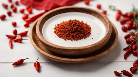 Red hot chili pepper powder in a wooden bowl on a white backgroundの素材