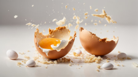 Broken egg with splashes of eggshells on white backgroundの素材