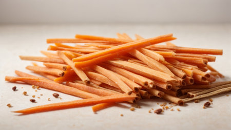 Close-up of a pile of carrot slices on a white backgroundの素材