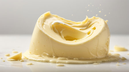 Piece of butter on white background, closeup. Dairy productの素材