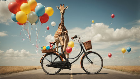 Bicycle with colorful balloons and giraffe on the road in Africaの素材
