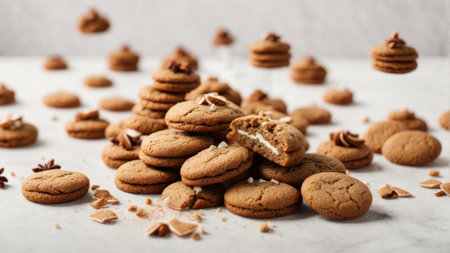 Pile of delicious oatmeal cookies on light background, closeupの素材