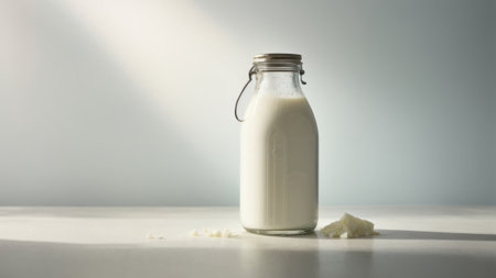 Milk in a glass bottle on a light background. Close-upの素材
