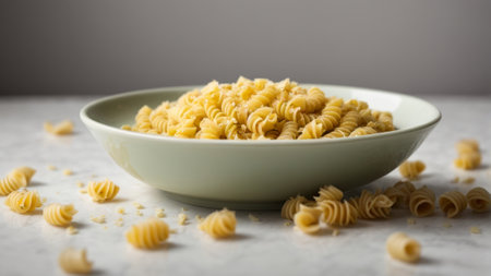 close up of a bowl of fusilli pasta on a tableの素材