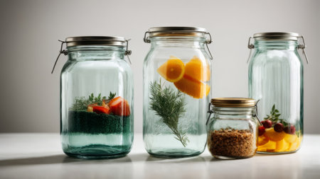 Mason jars with healthy food on white table and gray background.の素材