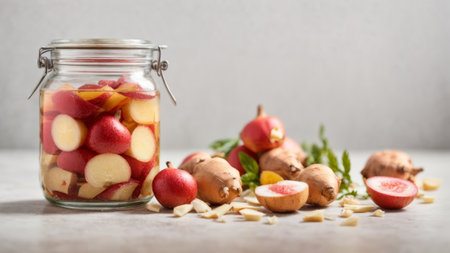 Preserved fruits in a glass jar on a light background. Selective focus.の素材