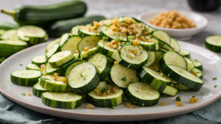 Zucchini salad with sesame seeds and garlic on a plateの素材
