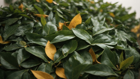 Close up of green and yellow leaves in a botanical garden.の素材
