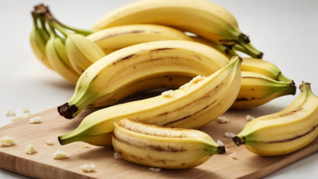 Bunch of ripe bananas on a cutting board on a white backgroundの素材