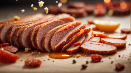 slices of smoked ham on a wooden board, selective focusの素材