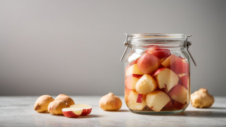 Fresh apple slices in a glass jar with ginger on a gray backgroundの素材