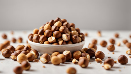 Hazelnuts in a bowl on a light background. Healthy food.の素材