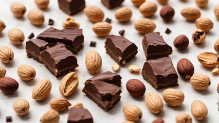 Pieces of dark chocolate with nuts on a white background. Close up.の素材