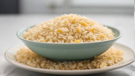 Bowl with cooked rice on table, closeup. Healthy foodの素材