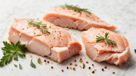 Slices of raw tuna fish with herbs and spices on white marble backgroundの素材