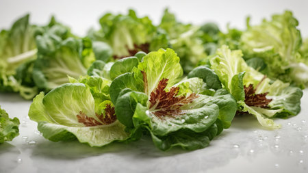 Fresh green lettuce leaves on a white background. Healthy food concept.の素材