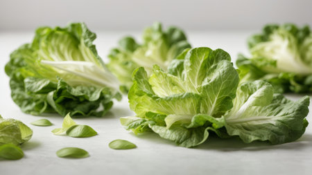 Fresh baby cos lettuce leaves on a white background. Healthy food.の素材