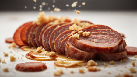Slices of smoked sausage on a white plate with some crumbsの素材