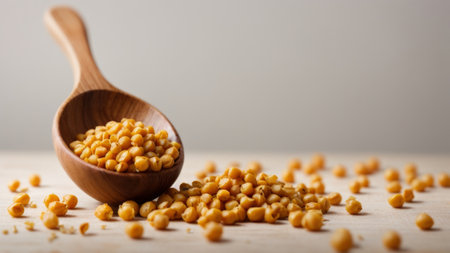 Yellow peas in a wooden spoon on a light background. Copy space.の素材