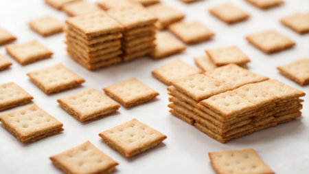 Close up of a stack of crackers on a white background.の素材