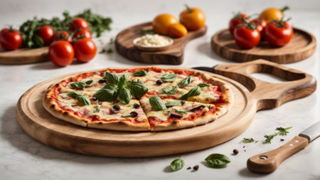 Pizza with mozzarella cheese, tomatoes and basil on white marble backgroundの素材