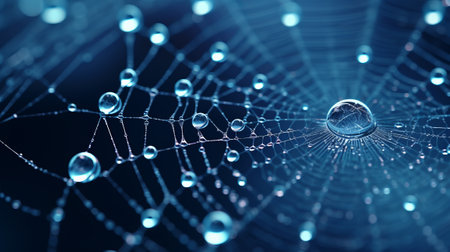 Water drops on spider web. 3d illustration. Blue background.の素材