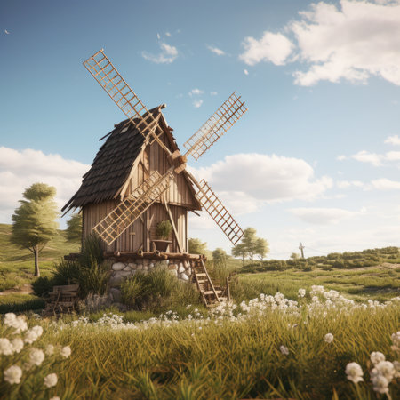 Old wooden windmill on the background of green grass and blue skyの素材