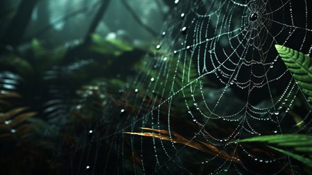 Dew drops on spider web in rainforest. Nature background.の素材