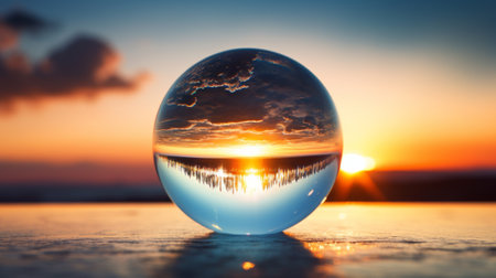 Reflection of the sun in a crystal ball. Sunset over the lake.の素材