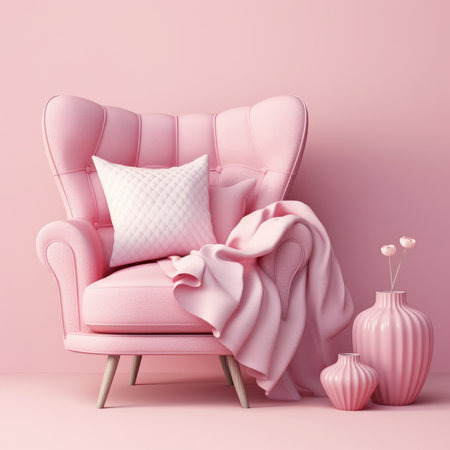 Pink armchair with pillows and pink vase. 3d renderingの素材