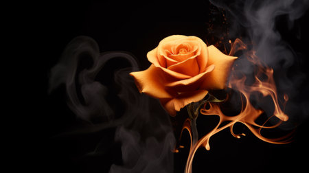 Orange rose on a black background with smoke coming out of it.の素材