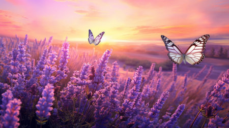 Beautiful purple lavender flowers and butterfly at sunset. Nature backgroundの素材