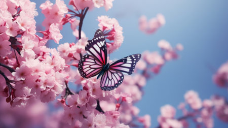 Cherry blossoms and butterfly in spring time. Cherry blossom.の素材