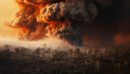 Big explosion with smoke in the city. 3D illustration. Copy space.の素材