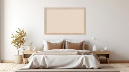 Mock up poster frame in bedroom interior background,3D renderingの素材