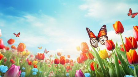 Tulip flowers and butterfly on blue sky background. Spring nature backgroundの素材