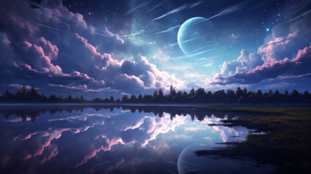 Fantasy landscape with lake, forest, moon and starry skyの素材