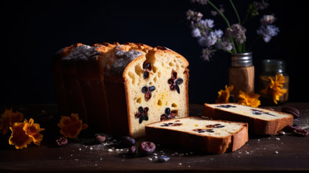 Cake with raisins and blueberries on a black backgroundの素材
