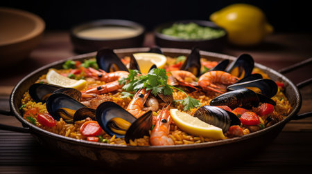 Seafood paella in a pan on a wooden table.の素材