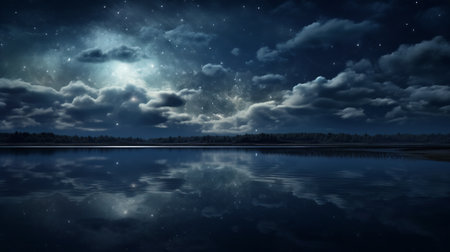 Night sky with stars and clouds reflected in the lake. 3d renderingの素材