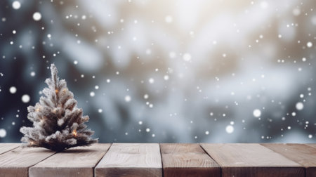 Christmas background with fir tree and snowflakes on wooden table.の素材