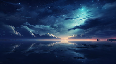 Night sky with stars and clouds over the sea. 3d renderの素材