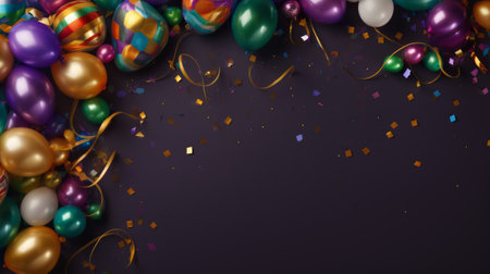 3d render of colorful balloons with confetti and ribbons on dark backgroundの素材
