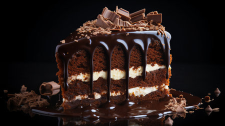 Piece of chocolate cake with chocolate glaze on a black backgroundの素材