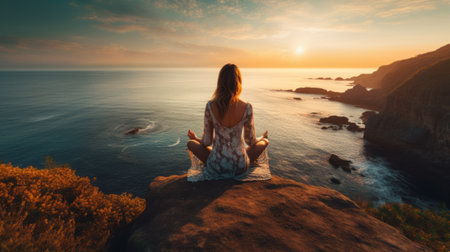 Young woman meditating on the cliff over the sea at sunset.の素材
