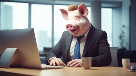 Funny piggy bank looking at camera while sitting at desk in officeの素材