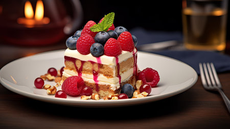 Tiramisu with fresh berries on a white plate on a wooden tableの素材