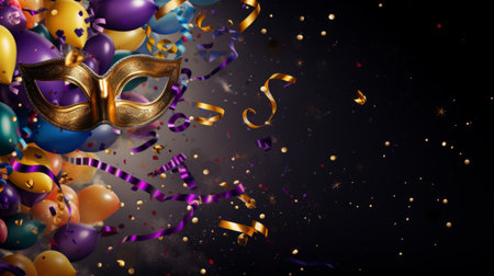 Purim celebration background with masks and confetti. 3d illustrationの素材