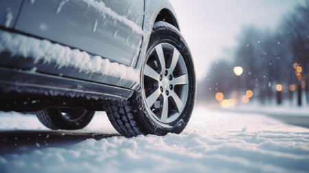Car in the snow on the road at night. Winter concept.の素材